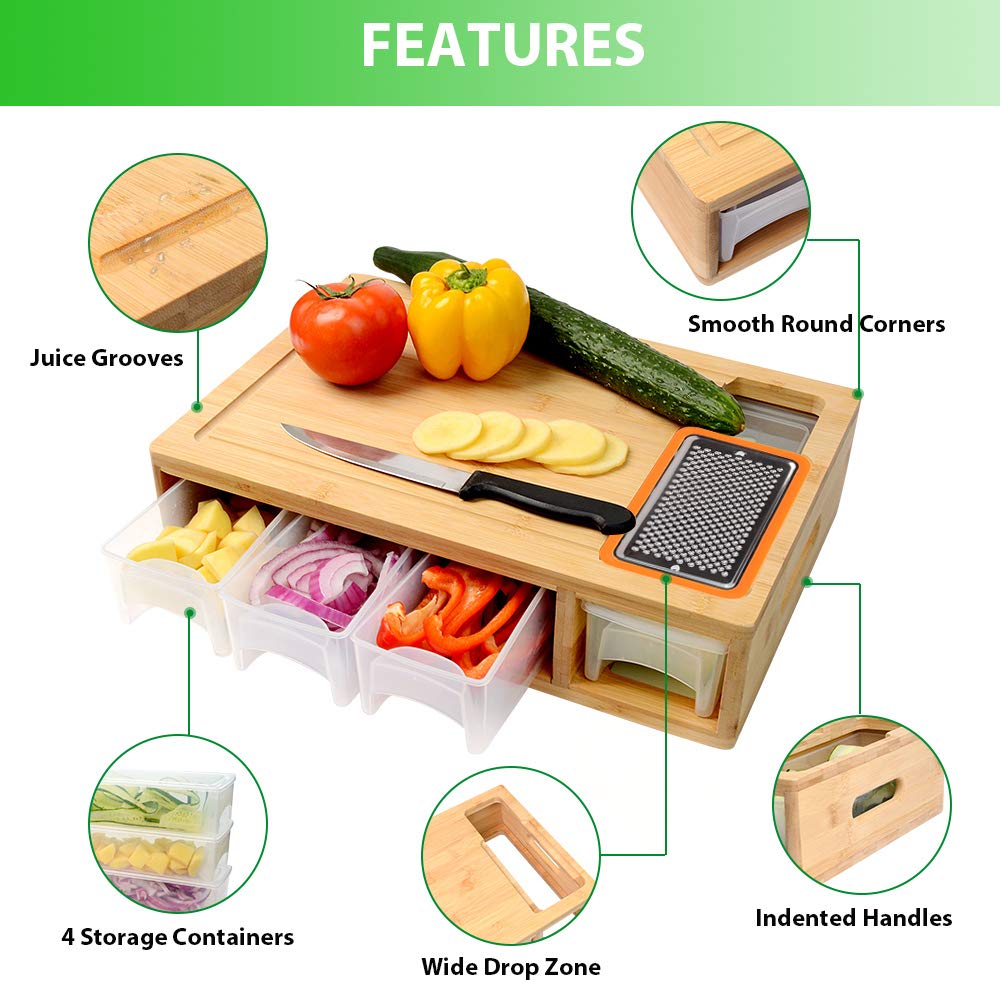 Combohome Bamboo Chopping Board with Storage Containers and Drawer Tray