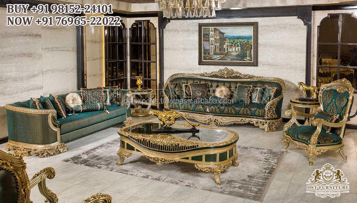 Elegant Excessive-Finish Rococo-Impressed Turkish Residing Room Furnishings Set in Ivory and Gold - Basic Couch Assortment