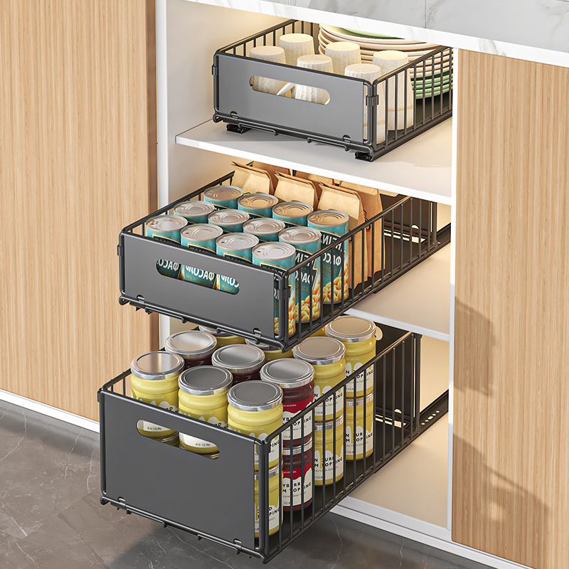 Underneath-Sink Kitchen Storage Cupboard Organizer with Pull-Out Sliding Mesh Baskets